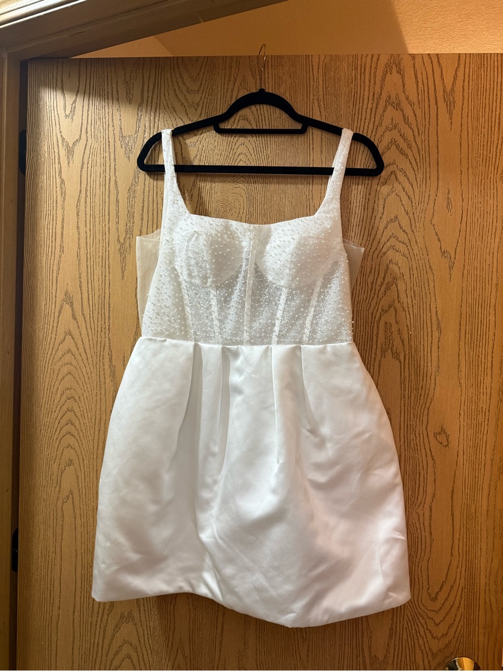 White Beaded Bodice Satin Mini Dress